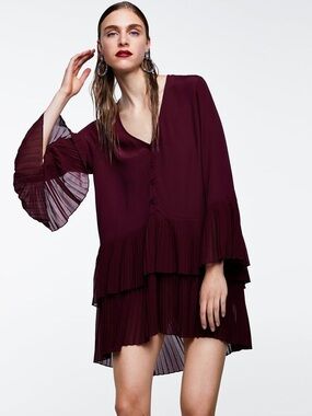 Zara Tiered Pleated Bell Sleeve Tunic /Dress - Deep Burgundy- US XS